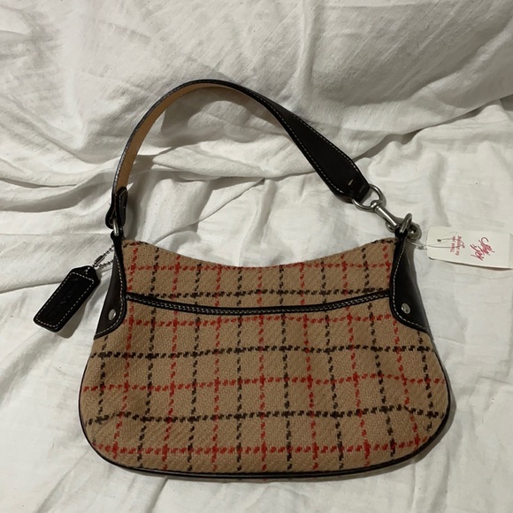 Coach brown leather tan wool plaid small purse zipper closure NWT - Picture 1 of 11